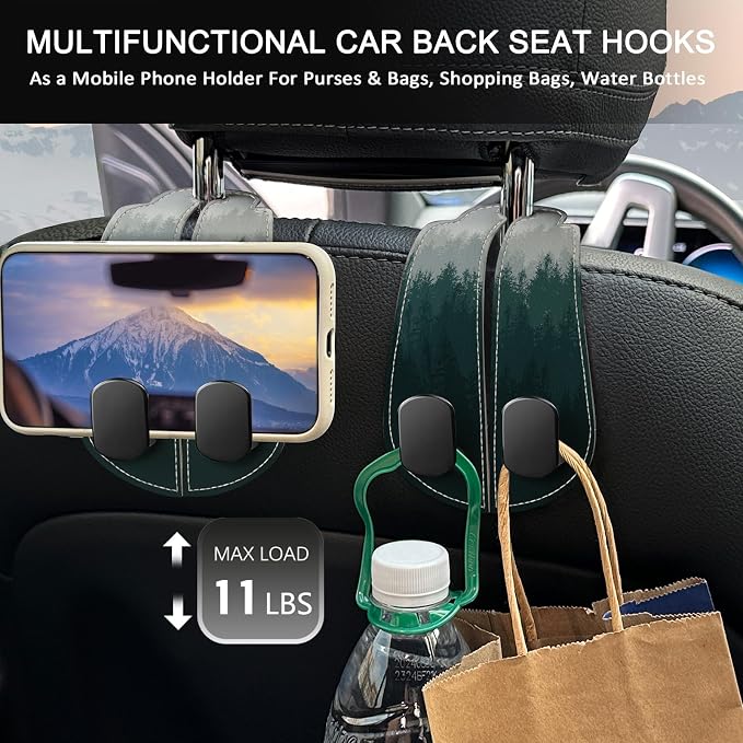 Blusabaca 2PCS Car Seat Headrest Hooks, Purses Bags Holder, Forest Trees | PU Leather, Double Metal Back Storage Hangers for Grocery Bags Handbags Bottles Coats Phones, Car Accessories Organization - Image 3