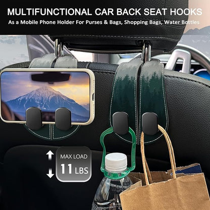 Blusabaca 2PCS Car Seat Headrest Hooks, Purses Bags Holder, Forest Trees | PU Leather, Double Metal Back Storage Hangers for Grocery Bags Handbags Bottles Coats Phones, Car Accessories Organization - Image 3