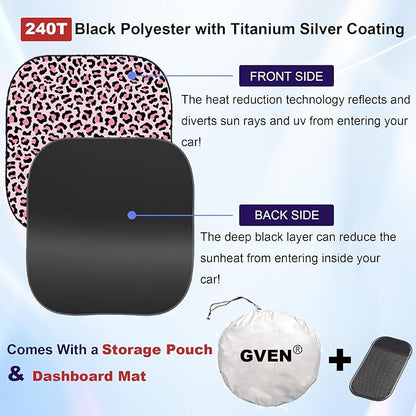 Gven Windshield Sun Shade 2pcs with Bonus Pink Car Sunshade for Front Window Shades 2025 Technology Reflect UV and Heat Sun Visor Automotive Accessories Interior Sun Protection (Pink Leopard, M) - Image 3