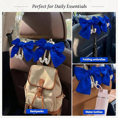 2PCS Satin Bow Pearl Car Seat Headrest Hooks – Car Bag Holder & Vehicle Hanger for Purses – Cute Coquette Aesthetic Interior Decoration – Cute Auto Organizer Accessories Universal (Deep Blue) - Image 4