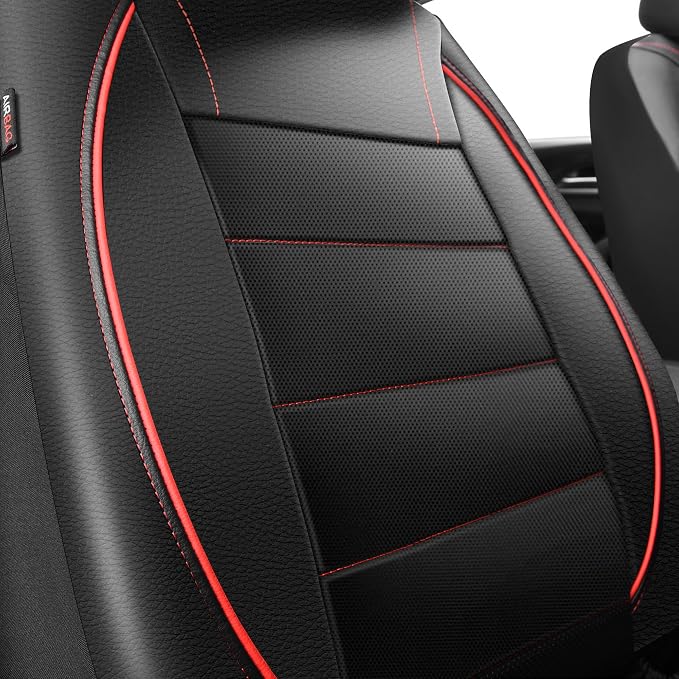 CAR PASS Universal FIT Piping Leather Two Front Seat Covers, Waterproof Faux Leather for SUV Sedan Van Truck, Airbag Compatible,Reserved Opening Holes for Headrest Covers. (Black red) - Image 5