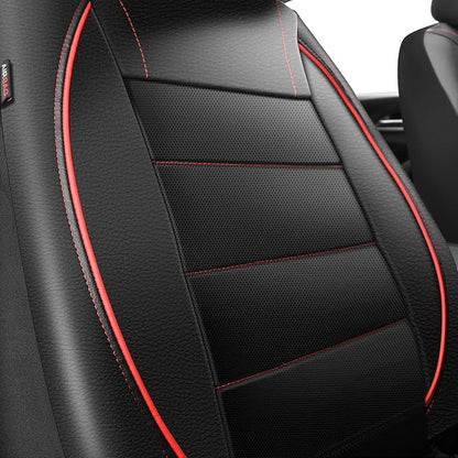CAR PASS Universal FIT Piping Leather Two Front Seat Covers, Waterproof Faux Leather for SUV Sedan Van Truck, Airbag Compatible,Reserved Opening Holes for Headrest Covers. (Black red) - Image 5