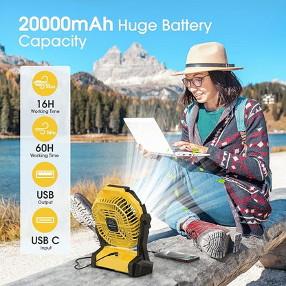 Portable Fan Rechargeable 20000mAh Cordless Battery Powered Camping Fan | with LED Lantern, Small Table Fan, USB Battery Operated Fans for Travel Bedroom Home Camping Tent Office Beach Desk Yellow - Image 2