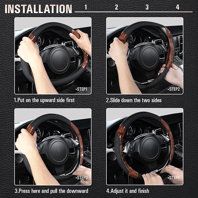 CAR PASS Wood Grain Microfiber Leather Sporty 14.5-15 inch Steering Wheel Cover Universal Fits for 95% Truck,SUV,Cars, Anti-Slip Safety Comfortable Design (Black Wood Grain) - Image 3