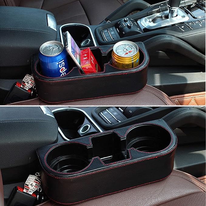 Car Cup Holder, Car Seat Gap Filler Organizer, PU Leather, Black - Image 9