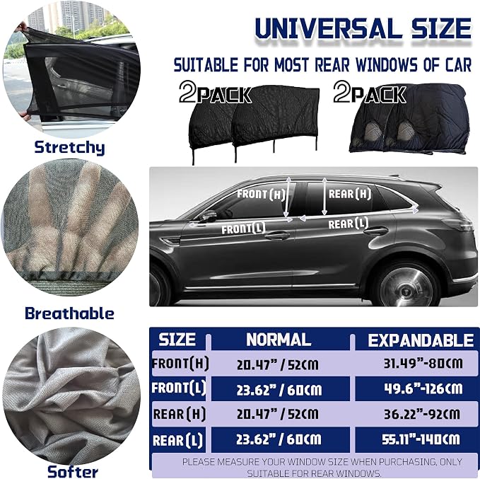 Car Window Screens for Side Windows, OUTTDID 4 Pack Side Window Sun Shades,Stretchy Mosquito Net Cover Fit Cars SUVs - Front & Rear - Image 2