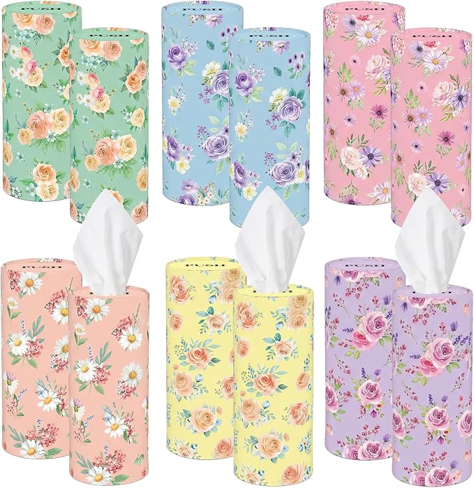 Outus 12 Pcs Spring Floral Car Tissues Cylinder Holder Flowers Round Tissue Box Cup Holder 3 Ply Facial Napkins Napkins Container for Car Home Office Dispenser Travel by Outus
