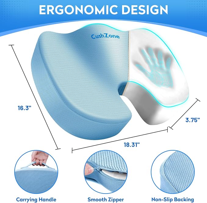 CushZone Memory Foam Seat Cushion for Office Chair & Car, Light Blue | U-shaped Coccyx Cutout, Contoured Design, Breathable Removable Mesh Cover, Non-Slip Base, Carry Handle - Image 2