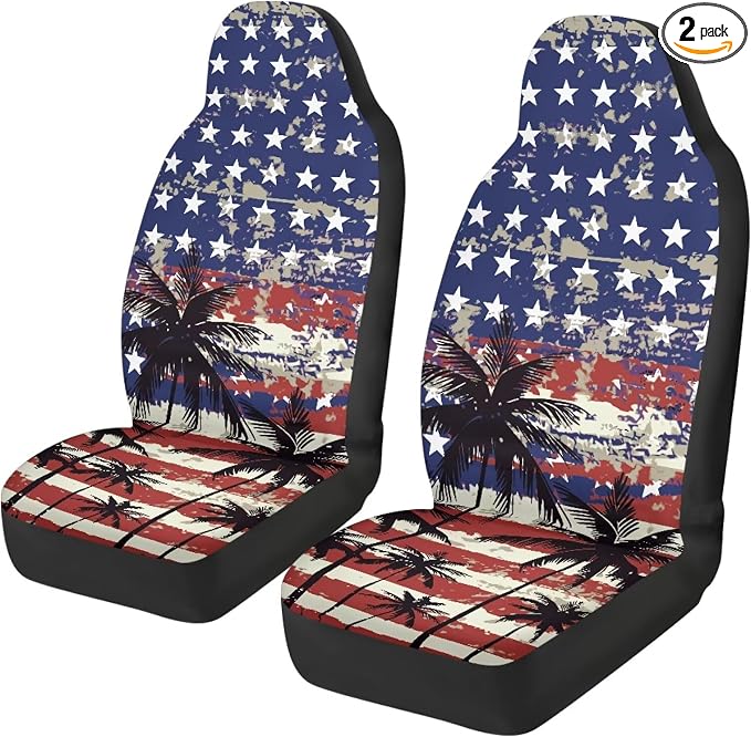 Palm Trees Front Car Seat Cover US Flag Auto Interior Accessories 2 Pcs Set Stretch Polyester Fabric Cover Patriotic All-Season Protection Suitable for Most Cars,SUV,Sedan by TOADDMOS