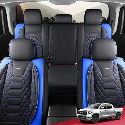 FREESOO Custom Leather for Toyota Tundra Seat Covers 2014-2021 Crewmax Cab | Custom Fit, Full Set, 60/40 Split Bench, Waterproof Faux Leather, for Truck Toyota Tundra Accessories, Blue - Image 8