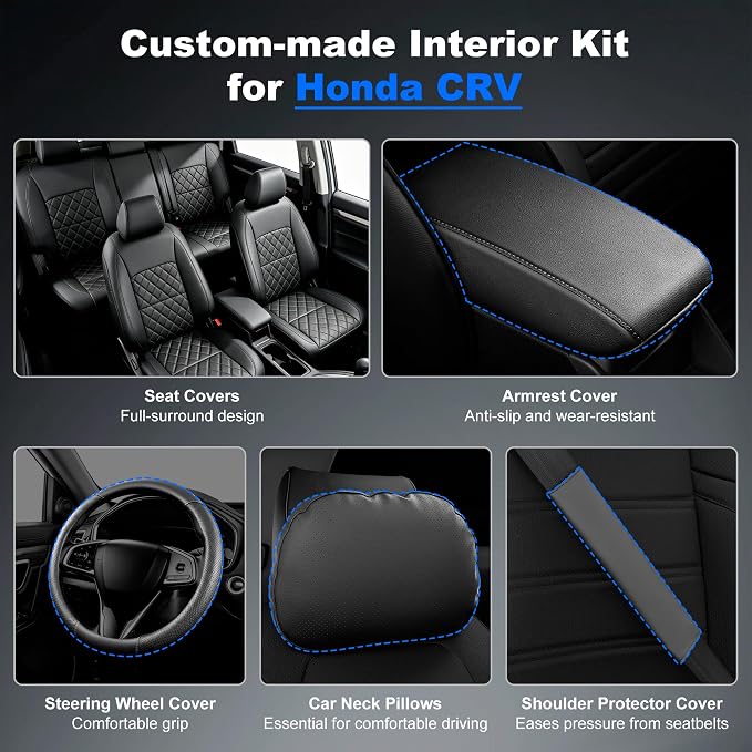 Custom Fit Seat Covers for Honda CRV 2017-2022 Front&Rear Full Set | Faux Leather,Full Coverage,5-Piece Set, Includes Neck Pillows, Armrest Cover, Seat Belt & steering Wheel Cover Black - Image 3