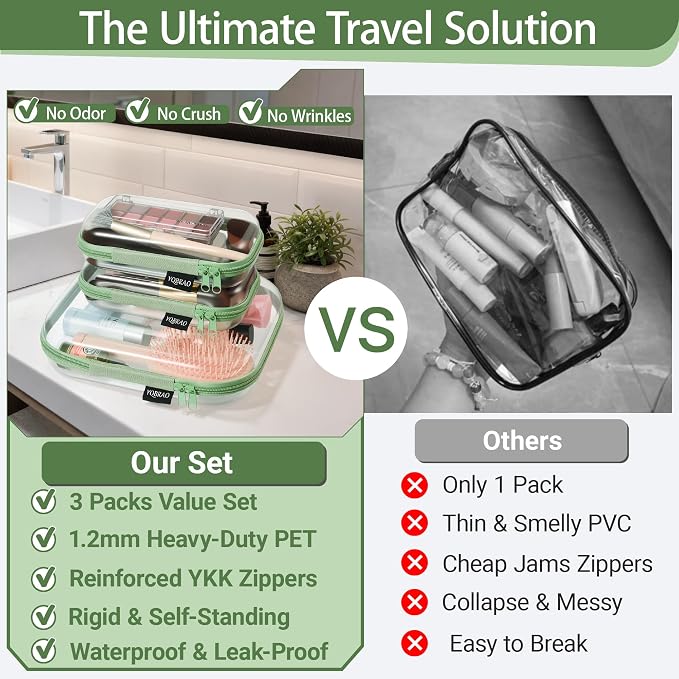 YQBRAO Clear Hard Shell Organizer Cases, 3-Pack, Green | Rigid 1.2 mm clear PET organizers with multi-size design for home storage, travel use, and everyday essentials - Image 2