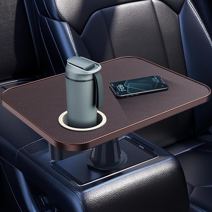 Car Tray& Car Desk for Laptop,Dual 360° Rotating,Anti Slip Leather Surface, Food Tray, Cup Holder Table Compatible with Tesla Model Y/3/S, Ford F150/Explorer/Maverick/Home Theater Seating (Brown) by Ksaipx