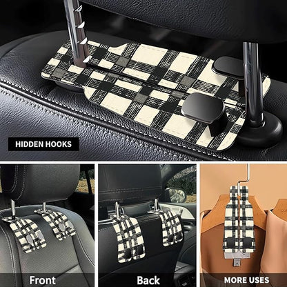Car Seat Headrest Hook, Universal Leather Cute Hanger Holder Hook, Storage Organizer Interior Accessories for Purse Bags Handbag Black White Plaid - Image 3