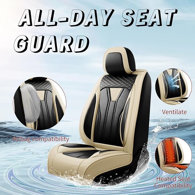 Fit Land Cruiser Premium Leather Car Seat Covers for Toyota Land Cruiser 2000-2025 2026 - Waterproof，Breathable，All-Weather Seat Cushion Protecto & Airbag Compatible, 2 Front Seat Beige&Black - Image 2