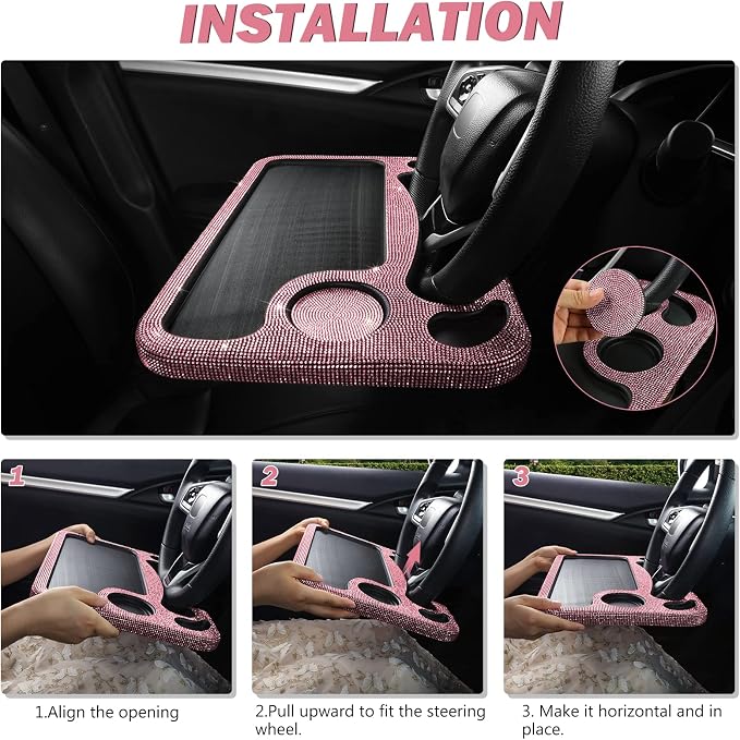 eing Car Eating/Laptop Steering Wheel Desk,Bling Crystal Steering Wheel Tray(16.6"x11.1"(2 in 1)) - Pink - Image 5