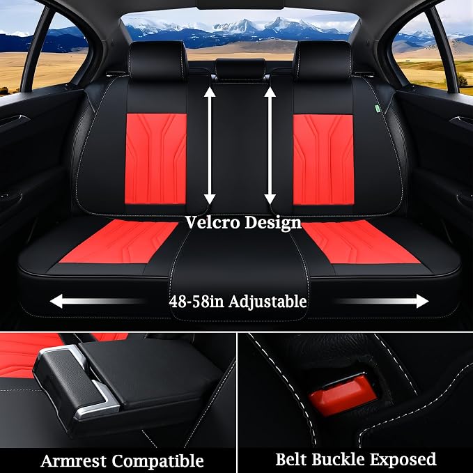 Leather Seat Covers, Seat Covers Full Set, Car Seat Protectors 5 Seats,Automotive Seat Covers Fit for Most Cars Trucks-Black&Red - Image 4