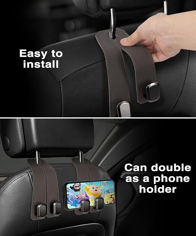 Car Hooks for Purses, 4PCS Car Purse Holder Hook Luxurious Leather 100% Metal Car Hooks for Headrest Multifunctional Car Hangers for Seat Car Seat Back Storage Hook Accessories (Brown) - Image 5