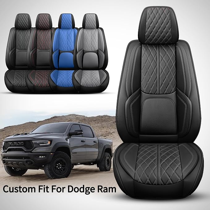 Car Seat Cover Custom Fit for Dodge Ram 1500 2500 3500 2002-2026 Faux Leather Seat Cover Set Compatible with Crew Quad Regular Cab Pickup Truck Cushions (Black, Full Set, Flat Rear) - Image 2