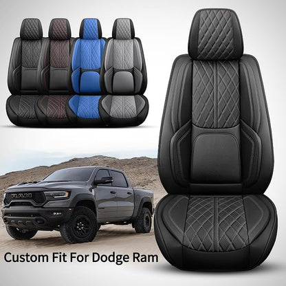 Car Seat Cover Custom Fit for Dodge Ram 1500 2500 3500 2002-2026 Faux Leather Seat Cover Set Compatible with Crew Quad Regular Cab Pickup Truck Cushions (Black, Full Set, Flat Rear) - Image 2