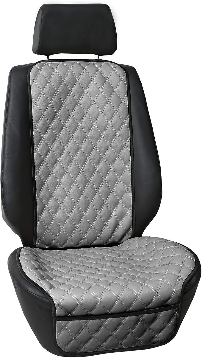 FH Group Car Seat Cushion – Faux Leather Single Front Seat Cover with Front Pockets, Airbag Compatible, Universal Fit Car Seat Cushion for Driver or Passenger Seat, SUV, Truck, Sedan & Van – Gray by FHGroup