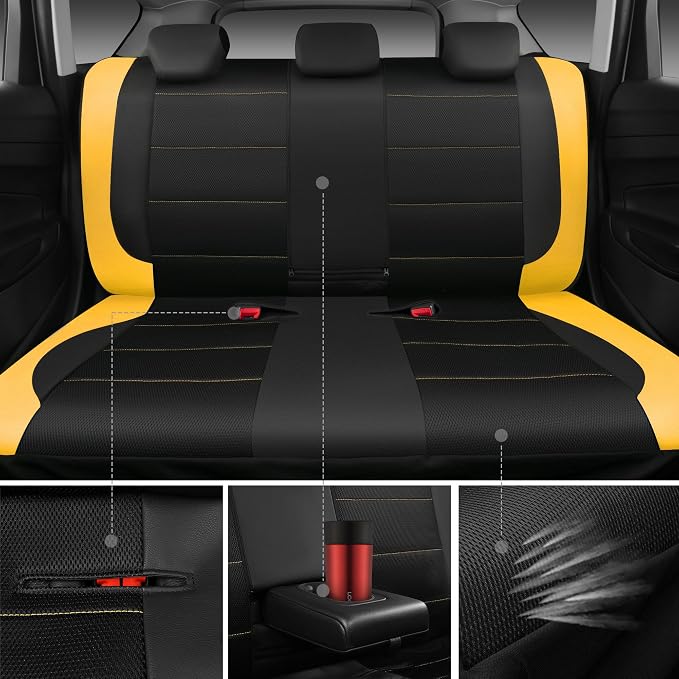 CAR PASS Leather Seat Covers, Breathable Universal Car Seat Cover Full Set for Cute Women Girly,5mm Composite Sponge Inside,Airbag Compatible Fits Most Auto,SUVs,Trucks,Vans(Full Set,Black&Yellow) - Image 4