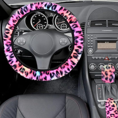 Accmor Fuzzy Car Steering Wheel Cover, Universal Fit Fluffy Auto Wheel Cover & Handbrake Cover & Gear Shift Cover Set, Leopard Print, Car Steering Wheel Cover Protector for Women Girls (Colorful) - Image 3