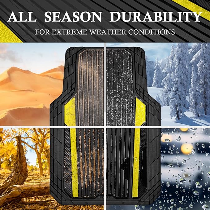 CAR PASS Yellow Car Mats Metallic, Aluminum Film All Weather Rubber Lemon Yellow car Floor Mats Waterproof Universal Trim to Fit SUV Sedan Van Truck 4 Piece Deep Dish Heavy Sporty Black Yellow Chrome - Image 3