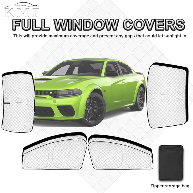 KMF 6pcs Thicken Sun Shades for Dodge Charger 2011-2023 Accessories, Full Car Window Covers Sunshade for Windshield Side Rear, UV Block Black Out Privacy for Car Camping with Storage Bag - Image 6