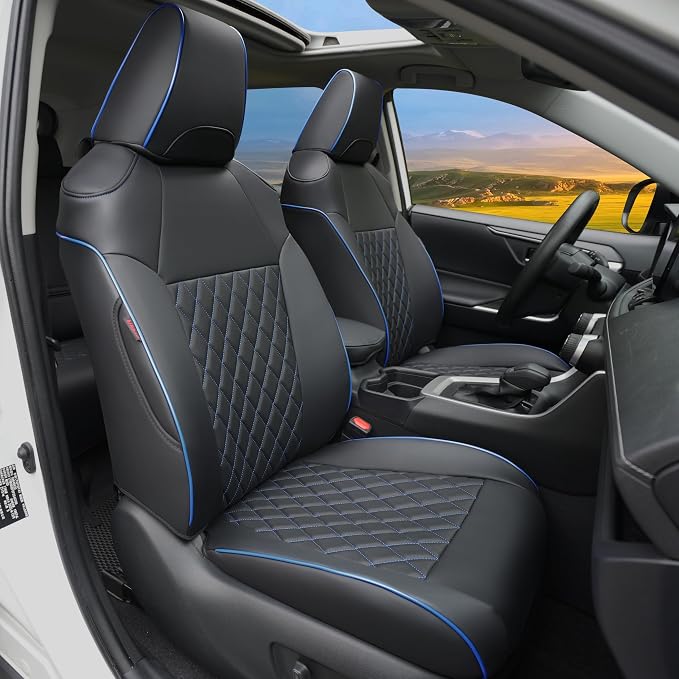 Lolcar RAV4 Seat Covers Custom Fit for Toyota RAV4 2019 2020 2021 2022 2023 2024 2025 LE,XLE,XLE Premium,Limited,Airbag Compatible,Seat Cover Full Set for SUV, Leather（ Black with Blue Trim） by LOLCAR