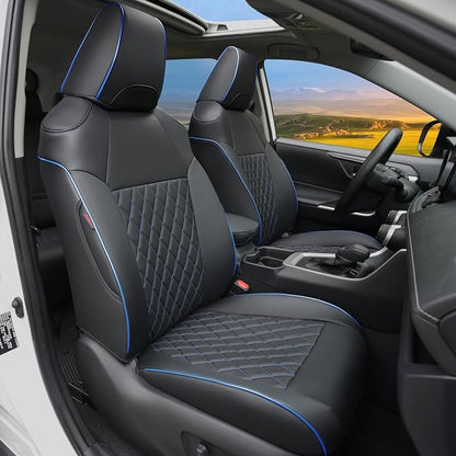 Lolcar Rav4 Seat Covers Custom Fit for Toyota Rav4 (for Hybrid) 2019-2025 LE,XLE,XLE Premium,Limited,Woodland Edition, Leather Truck Seat Cover Full Set for SUV,Faux Leather（Black with Blue Trim） by LOLCAR