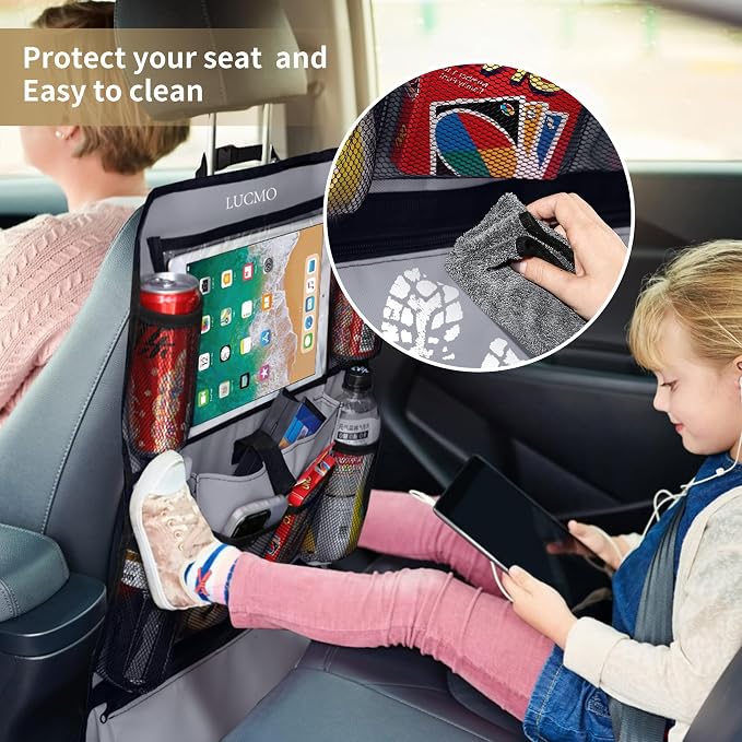 LUCMO Car Backseat Organizer with Touch Screen Tablet Holder, Grey | 2 Pcs,9 Storage Pockets,Clear Tablet Holder,Protectors Kick Mats,Travel Accessories,Seat Cover,Road Trip Essentials - Image 3