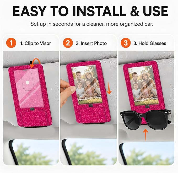 2-in-1 Car Visor Sunglasses & Photo Holder, Magnetic PU Leather Glasses Clip with Picture Display Slot, Universal Sun Visor Organizer for Eyeglasses, Personalized Cards & Memories, Hot Pink Glitter - Image 4