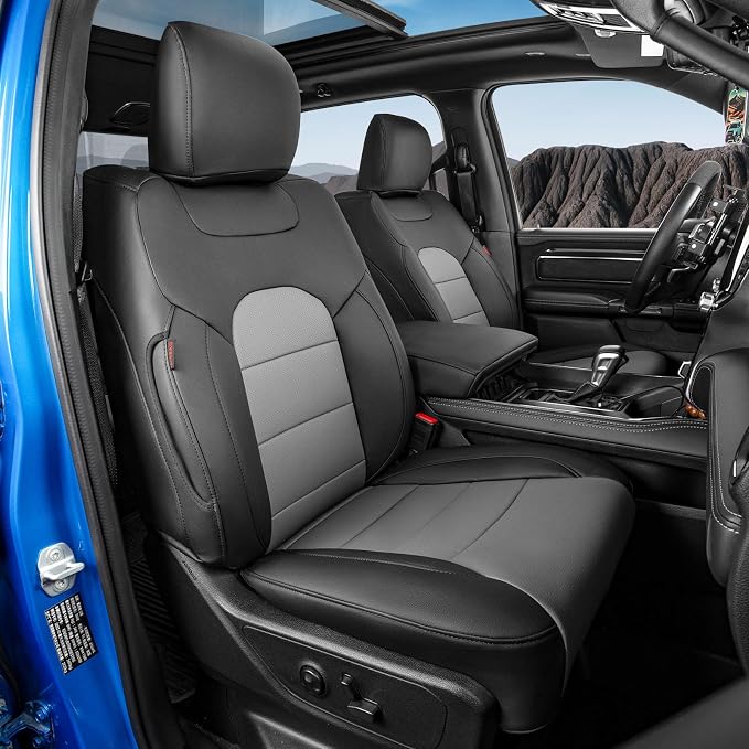 Custom Seat Covers for 2019-2026 Ram 2500/3500 CrewCab Bighorn,Faux Leather | Full Set Heavy Duty Pickup Seat Cushion,Front w/No Headrest Cutout,Rear 40/60 Split Curved Bench Seat,Black/Grey by Coverdream