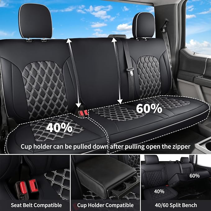 Huidasource F150 Front & Back Leather Seat Covers Accessories Fit for 2015-2026 F150 SuperCrew & 2017-2026 F250 F350 F450 Super Duty Crew Cab XL XLT Lariat King Ranch Platinum(Full Set/Black&White) - Image 4