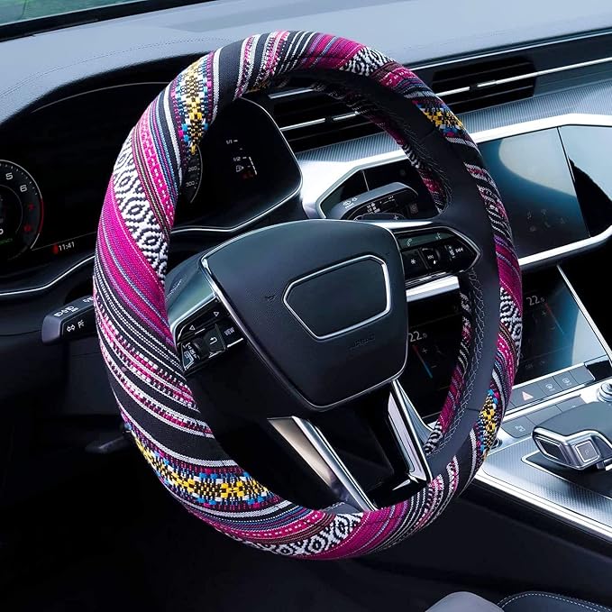 Boho Steering Wheel Cover Elastic Microfiber for Women, Universal Fit 15 inch Car SUV, Hippie Style Protector Cover, Anti-Slip, Breathable, Absorbing Sweat - 03 by Limsas