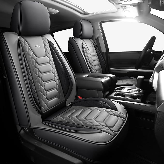 FREESOO Custom Leather for Toyota Tundra Seat Covers 2007-2013 Crewmax Cab | Fit for Crewmax Cab 5 Seats, Full Set, 60/40 Split Bench, Faux Leather, for Truck Toyota Tundra Accessories, BlackGrey by FREESOO