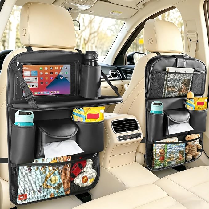 Backseat Car Organizer with Foldable Tray Table (2 Pack) | Premium PU Leather Seat Back Organizer with Tablet Holder, Large Pockets, Kick Mat for Family Travel and Daily Use by Unknown