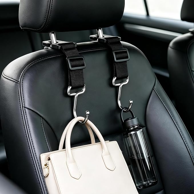 Amooca 4 Pack Car Headrest Hooks, Adjustable Heavy Duty Metal Back Seat Hanger, Auto Purse Bag Holder for Vehicle Headrest - Image 2