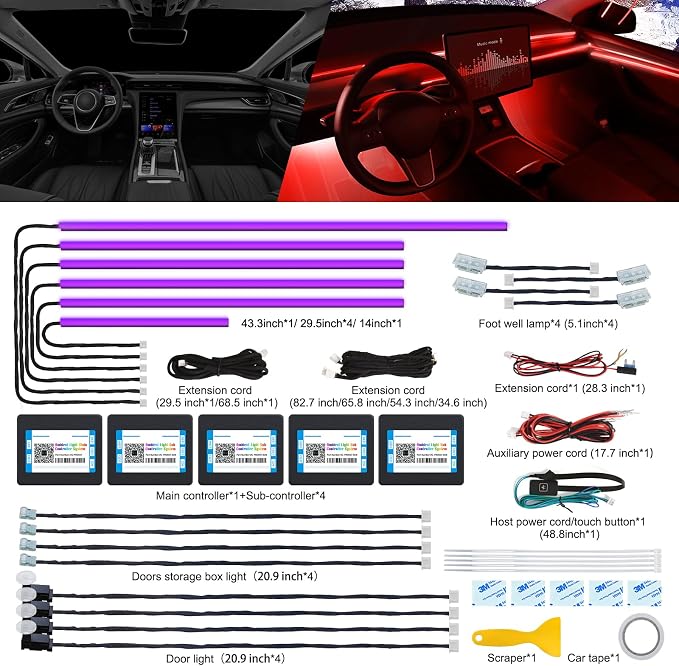 Acrylic Interior LED Strip Light With Wireless APP, RGB 18 in 1 With 175 Inches 600 LEDs Fiber Optic Ambient Lighting Kits for Car, 16 Million Colors Sound Active Function - Image 3