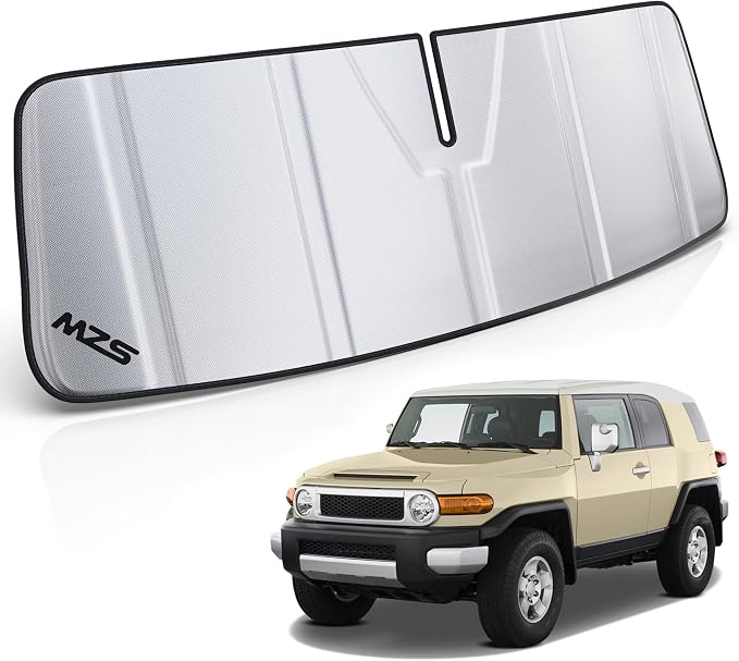 MZS Windshield Sun Shade Compatible with FJ Cruiser 2007-2014 | 6-Layer Heat Insulation, 99% UV Blocking, Keeps Interior Cool, Full Coverage Visor, Foldable Car Window Sunshade, Storage Bag by MZS