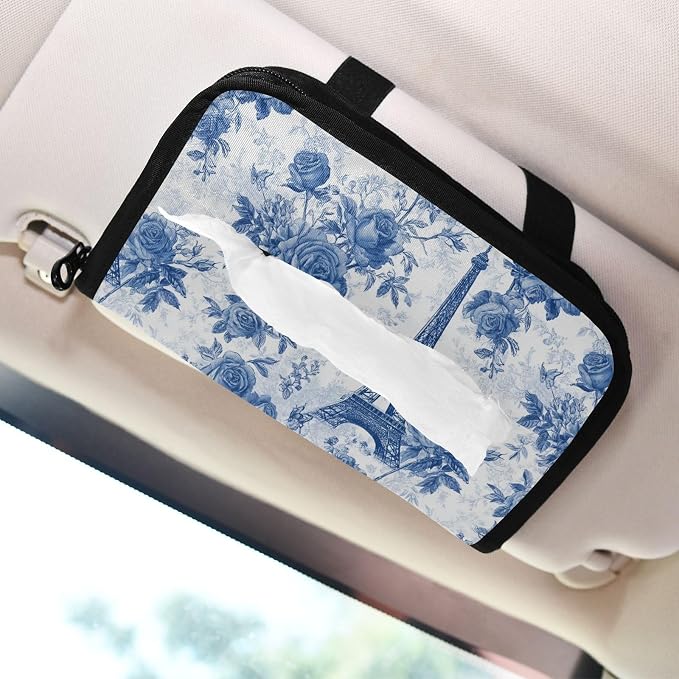 Car Tissue Holder Car Napkin Holder Car Tissue Box Dispenser Storage Case Sun Visor Mask Holder with Adjustable Straps Reusable Refillable Blue Roses and Eiffel Tower - Image 7