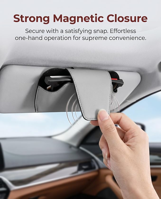 Car Visor Sunglass Holder, Magnetic Leather Glasses Case Clip, Gray | 1-hand access stops lens scratches clip installs fast 7x3.5" won't block view Fits all car visors & most eyewear - Image 3
