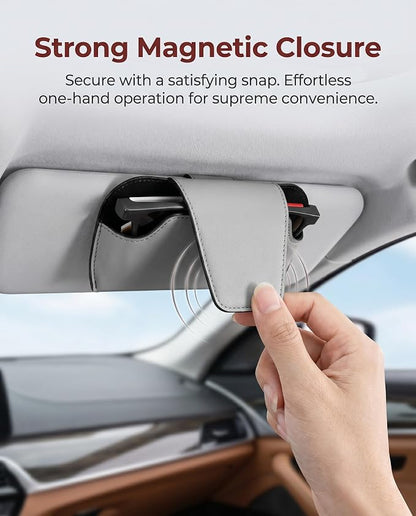 Car Visor Sunglass Holder, Magnetic Leather Glasses Case Clip, Gray | 1-hand access stops lens scratches clip installs fast 7x3.5" won't block view Fits all car visors & most eyewear - Image 3