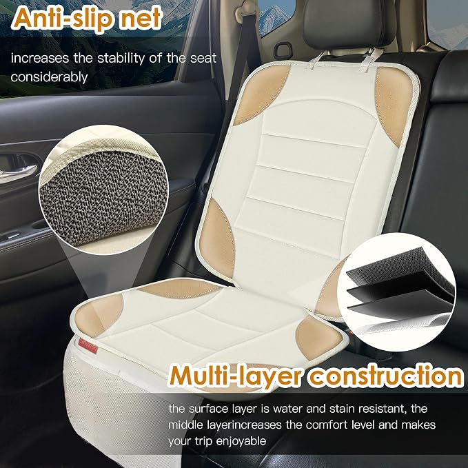 Sinvitron Car Seat Protector for Child Car Seat - Waterproof Non-Slip Leather Mat with 2 Mesh Pockets, Universal Seat Cover for Baby, Pets & Vehicles(2-Pack,Off-White) - Image 2