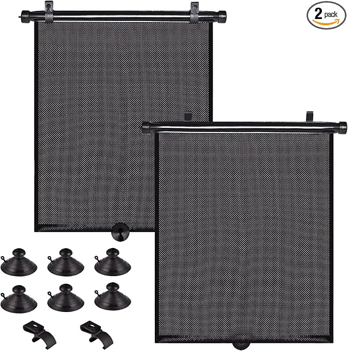Car Side Window Shades, 2 Pack Retractable Roller Sun Shades, 16 x 18 in | UV and Sun Glare Reduction, Suction and Hook Installation, Easy Roll-Up Storage, Baby Car Window Shades for Travel by PLTCAT