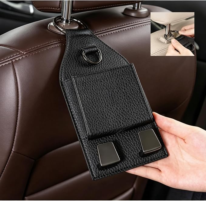 Car Seat Headrest Hooks with Phone Holder,Storage Pouch with Hook | Double Hook for Purse & Bag,Car Seat Hook with Buckle,Seat Back Organizer Hook for Cars SUVs Van Pickup Van Truck (Black) - Image 8