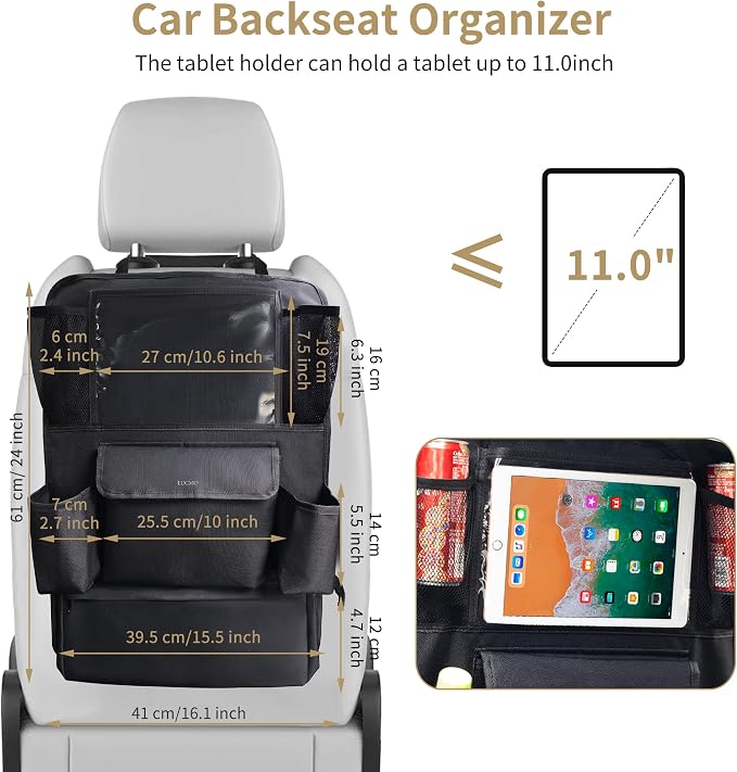 LUCMO Car Backseat Organizer with Touch Screen Tablet Holder, Black | 9 Storage Pockets,Clear Tablet Holder,Protectors Kick Mats,Travel Accessories,Seat Cover,Road Trip Essentials - Image 7