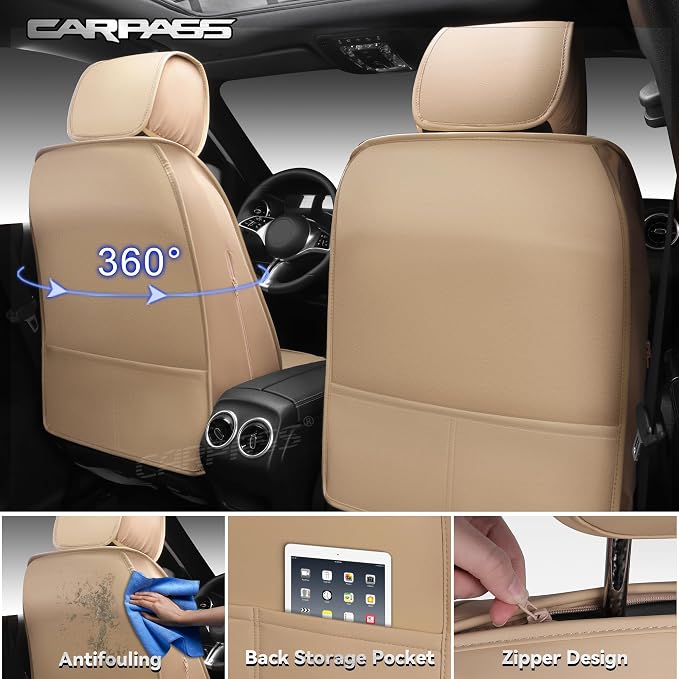 CAR PASS Nappa Leather Car Seat Covers Front Seats, Luxury Seat Protector for Cars, Waterproof Anti-Slip Seat Cushion Airbag Compatible Universal for Sedan SUV Pick-up Truck Automotive Vehicle, Beige - Image 3