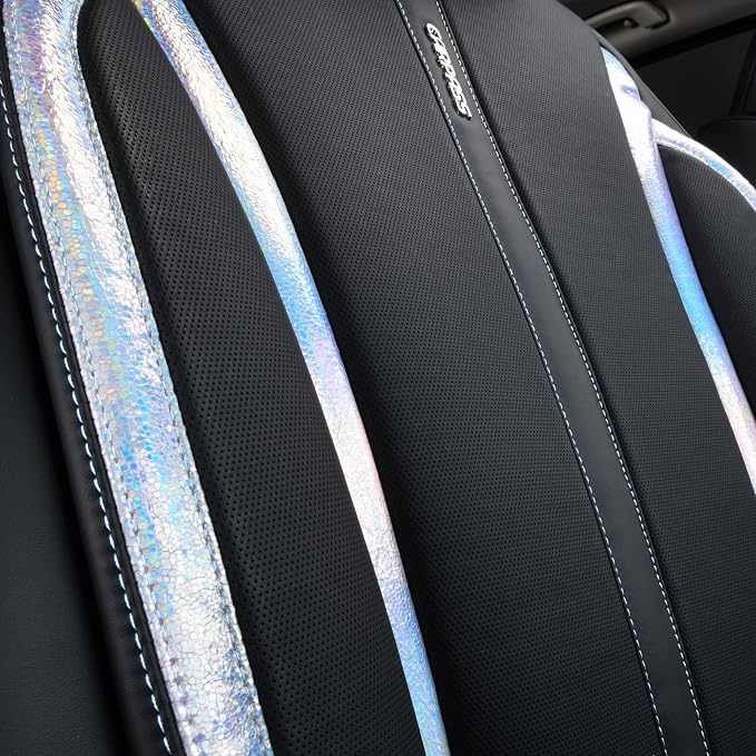 CAR PASS Nappa Leather Holographic Laser Car Seat Covers Front Seats Only Cushioned, Waterproof Waist Protector Universal fit for SUV Truck Pickup Luxury Stylish Elegant for Women Black Silver Strips - Image 2